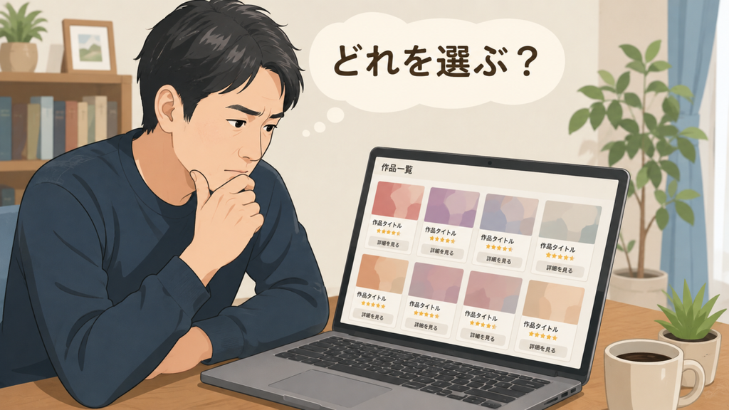 AV作品選びに迷う成⼈男性のイラスト