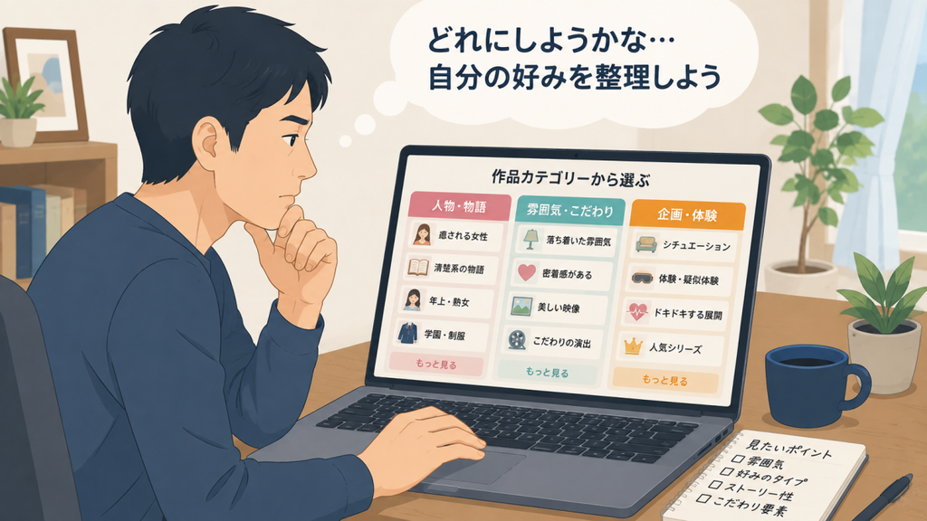 AV作品のジャンル選びで迷う成⼈男性
