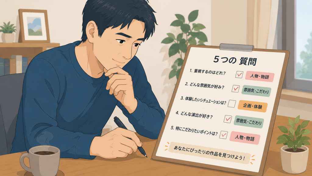 5つの質問に 答えて AV作品の好みをチェックする男性