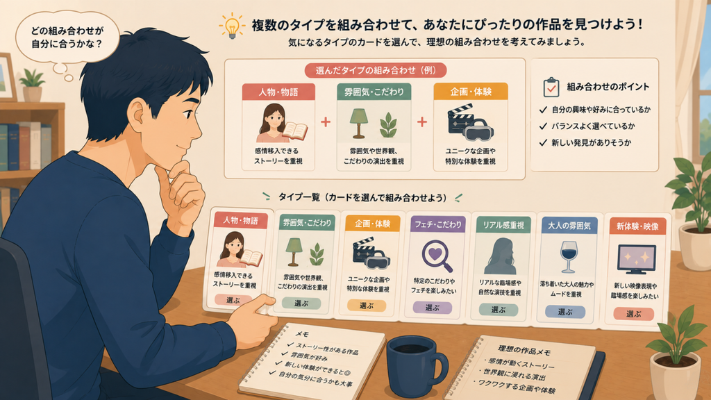 複数の好みを組み合わせて作品を選ぶ男性