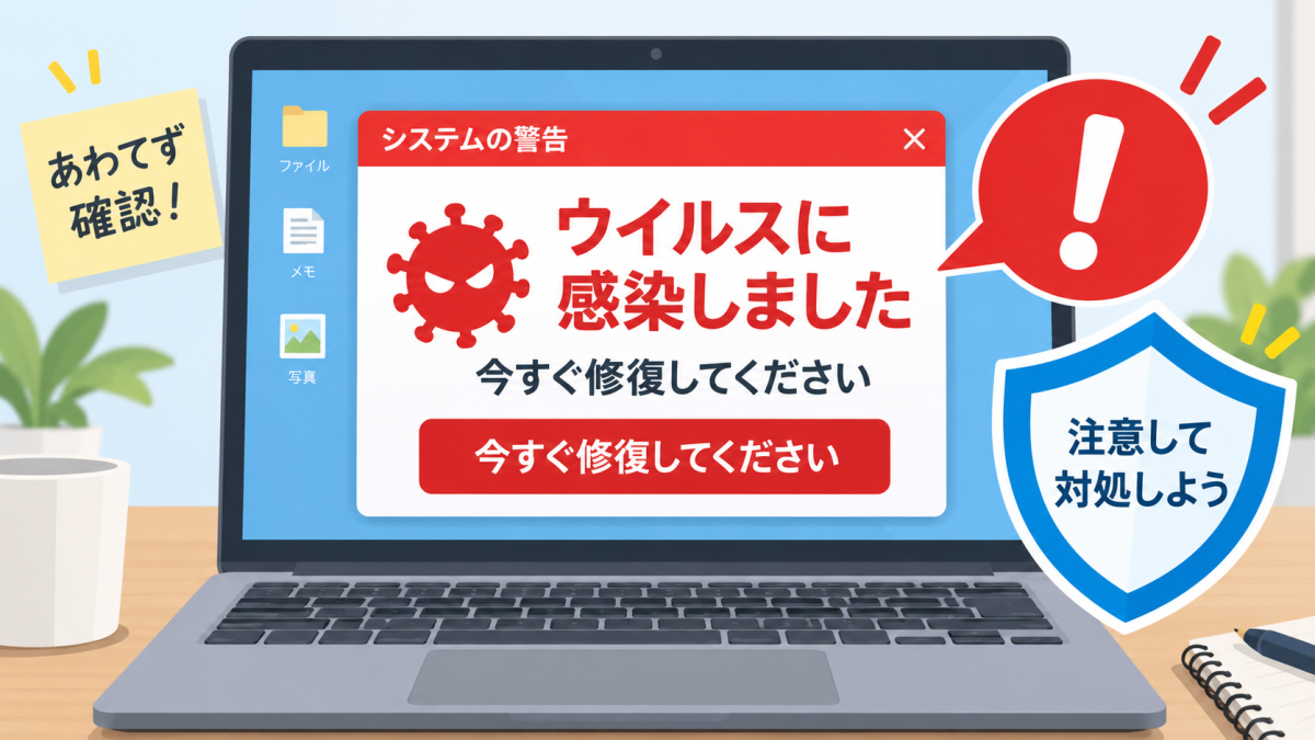 無料動画サイトで表示される偽のウイルス警告のイメージ