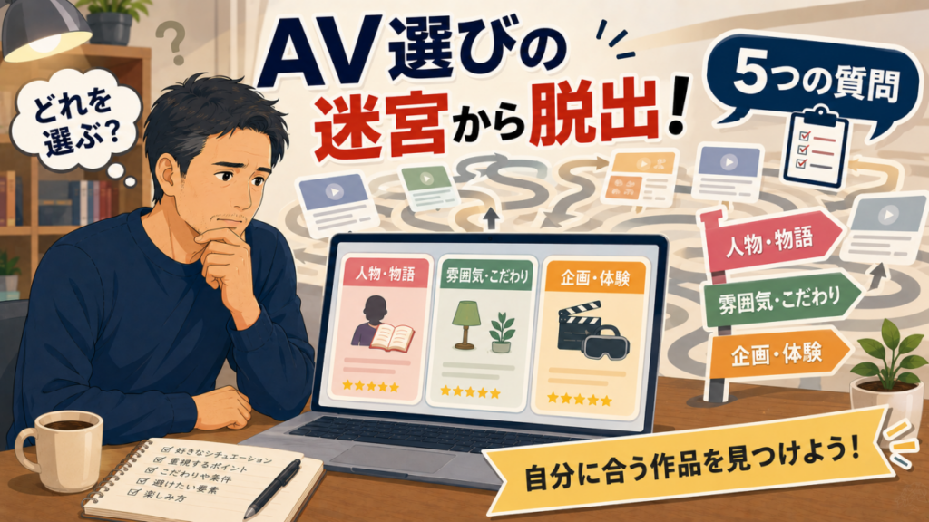 AV作品選びに迷い、5つの質問で好みを整理する成人男性のイラスト